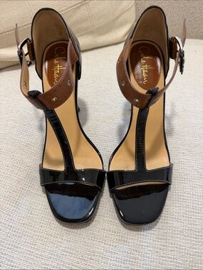 Cole Haan Nike Air Black Patent Leather T-Strap Heels with Brown Ankle Strap